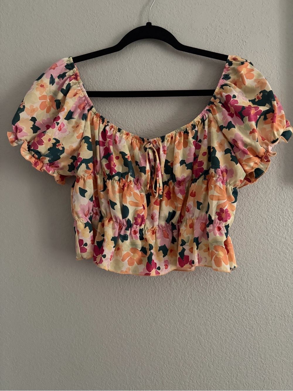 Floral Short Sleeve Off-Shoulder Stretchy Crop Top L Large